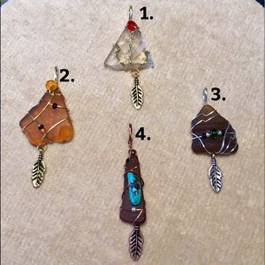 HAND CRAFTED Sea Glass Necklace Feather Wire Wrapped Pendant
